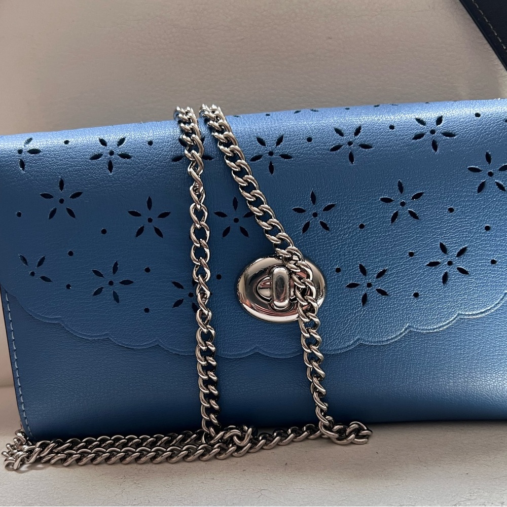 Coach Sky Blue Flower Cutout Leather Crossbody Bag